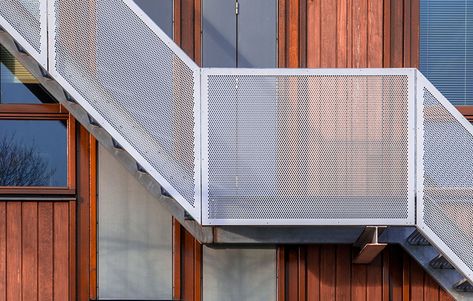 Architectural-Perforated-fence-railing ... Metal Railing Balcony, Perforated Fence, Railing Balcony, Metal Fencing, Metal Railing, Perforated Steel, Contemporary Staircase, Railing Ideas, Metal Railings