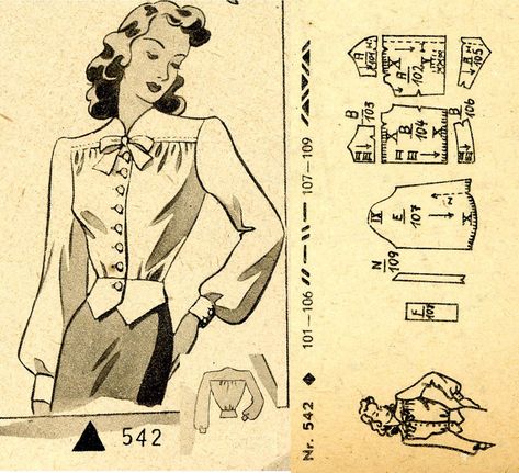 1940s () Blouse Wiener Frauenzeitung Nr 5 No 542 1940s Blouse Pattern Free, 1940s Blouse Pattern, 1930s Blouse Pattern, 1930s Blouse, Vintage Blouse Pattern, Victorian Dress Pattern, Blouse Pattern Free, 1940 Dress, Vintage Sewing Patterns Free