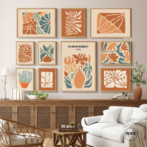 Maximalist wall art, Set of 10 gallery wall set, Earth tone wall art, wavy flowers, printable wall art, hippie room decor, fall decorations by Palmitodesign on Etsy Wall Art Trends For 2023, Terracotta Gallery Wall, Burnt Orange Wall Art, Beige And Orange Living Room, Art Wall Living Room, Cuadros Living, Trending Wall Art, Orange Wall Decor, Room Decor Fall