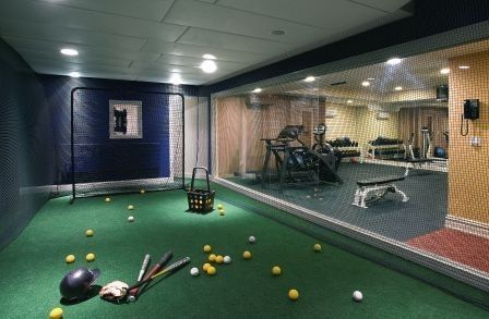 I'm thinking this will be a must ~ Indoor batting cage at home. Indoor Batting Cage, Pool Table Design, Batting Cage, Golf Room, Dream Basement, Modern Family Rooms, Baseball Room, Batting Cages, Gym Room