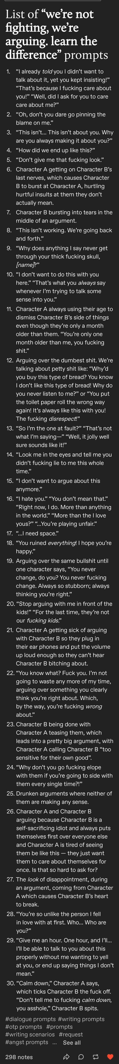 Reasons For Arguments Writing, How To Write Arguments, Tumblr Prompts Story Ideas, How To Write An Argument, Argument Prompts Otp, How To Write A Argument Scene, Writing Stakes, Argue Prompts, Otp Prompts Argument