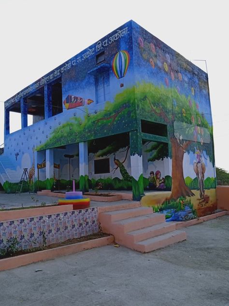 School Painting Wall Classroom, Natural Wall Paint, School Wall Art Ideas, Wall Painting Ideas Creative, School Wall Decoration, 3d Art Painting, Jungle Wall Mural, Exterior Murals, Outside Paint