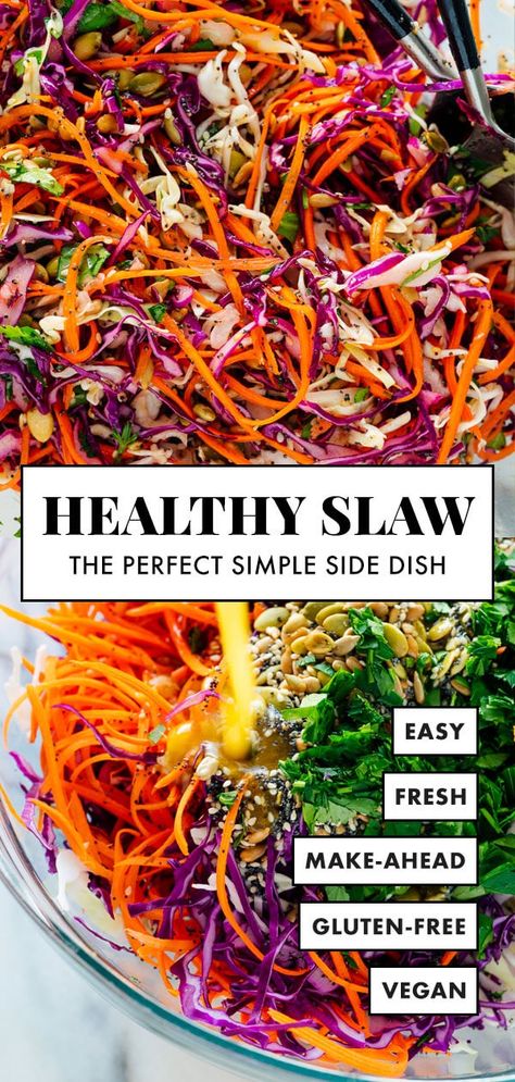 This healthy slaw recipe tastes amazing! It's made with a fresh and simple lemon dressing (no mayo or vinegar) and features toasted sunflower and pumpkin seeds. Gluten free and vegan. #coleslaw #healthycoleslaw #sidedish #vegan #cookieandkate Coleslaw Recipe Vegan, Rainbow Slaw Recipes, Veggie Slaw Recipes, Vegan Slaw Recipes, Dairy Free Slaw, Vegan Coleslaw Recipe, Healthy Slaw, Healthy Coleslaw Recipes, Coleslaw Recipes