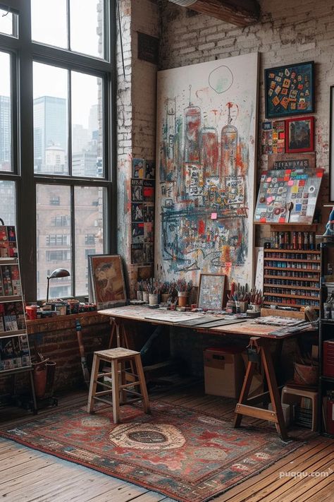 Home Art Studio Ideas for a Stylish Haven - Puqqu Home Studio Painting, Artist Home Studio Ideas, Artist In Their Studio, Earthy Art Studio, Cosy Art Studio, Art Studio Vintage, Painting Studio Ideas, Art Store Aesthetic, Art Studio At Home Inspiration