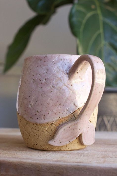 Mermaid Mug, Tail Mermaid, Mermaid Mugs, Strawberry Frosting, Handmade Mermaid, Pottery Handbuilding, Tanah Liat, Keramik Design, Clay Mugs