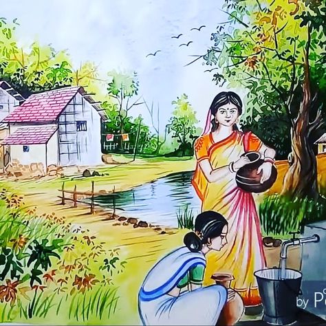 My new drawing this very light and very difficult so completed my drawing and happiness my face Village Scenery Painting Watercolor, A Village Scene Drawing, My Village Drawing, Village Scene Drawing Paintings, Landscape Watercolor Easy, Village Scene Drawing Easy, Village Composition Painting, Village Drawing Easy, Village Life Drawing