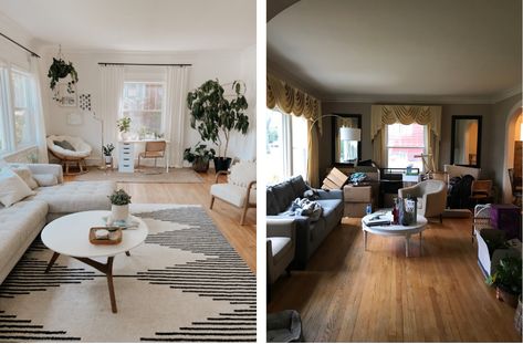 Small Living Room Transformation, 1950s Living Room Remodel, 80s Living Room Remodel, Living Room Transformation Before After, Old Home Living Room Ideas, Paint Before And After Living Room, Small Living Room Before And After, Boring Living Room Makeover, Old Living Room Makeover