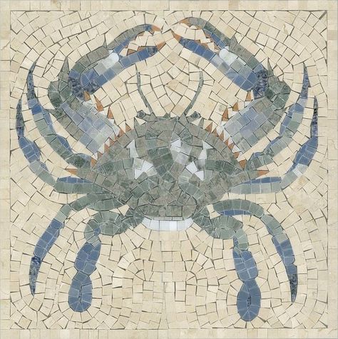 cancer aesthetic Crab Mosaic, Mosaic Crab, Coastal Tiles, Mosaic Sea Life, Mosaic Tile Wall Art, Mosaic Bathroom Floor, Mosaic Illustration, Mosaic Rug, Beach Mosaic