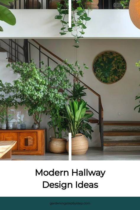 Modern hallway filled with lush green plants and stylish decor. Decorate Hallway, Classic Entryway, Beautiful House Plants, Modern Hallway Design, Best House Plants, Entryway Designs, Hallway Design Ideas, Large Entryway, Bird Of Paradise Plant