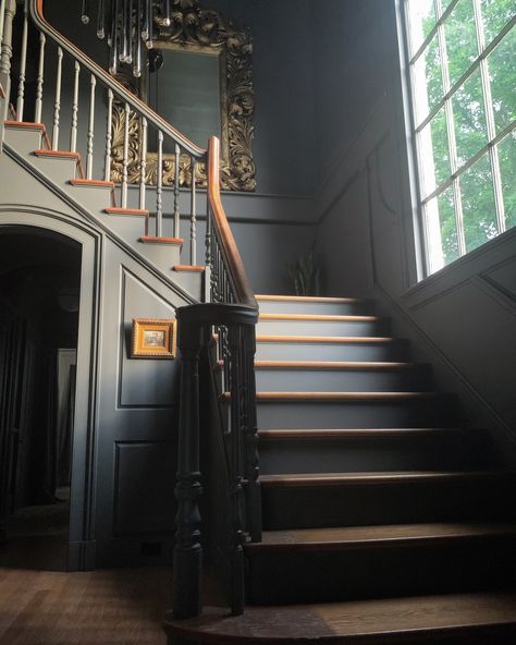 We’re huge fans of how antique touches can mesh so well with new/modern ones. Here you see the gilt Rococo Mirror in gold marrying beautifully with the Modern Chrome Chandelier. Dark Green Staircase, Green Stairwell, Dark Green Hallway, Dark Stairs, Inside Stairs, Modern Chrome Chandelier, Dark Staircase, Green Entryway, Rococo Mirror