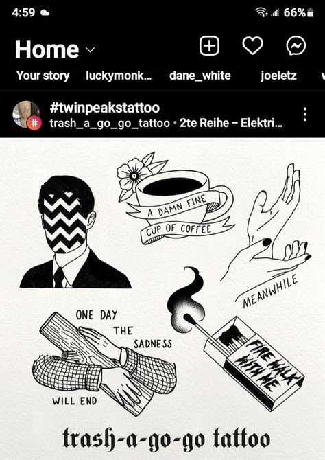 Twin Peaks Tattoo, Twin Peaks Art, Go Tattoo, Food Tattoos, Coffee Shop Branding, Coffee Tattoos, Landscape Tattoo, Hand Poked Tattoo, Spooky Tattoos