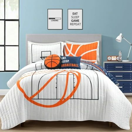 After your star youth basketball player gives it all they have on the basketball court, your child will need a cozy place to rest their head and recoup their energy for the next big game. Look no further than this bold Basketball Game Quilt Set. This fun and exciting Basketball Game Quilt Set is designed with the youth basketball player (or basketball super fan) in mind. The front features a much bolder basketball court graphic, while the reverse has a more subtle look of basketballs and backboa Basketball Bedroom, Star Bedroom, Basketball Room, Oversized Quilt, Sport Bedroom, Dec Pillows, Boy Rooms, Childrens Bedroom Decor, Youth Basketball