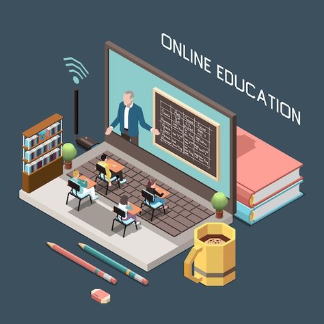 Online Education Illustration, Learning Template, Education Poster Design, Education Banner, Digital Education, Education Icon, Educational Infographic, Isometric Design, Vector Online