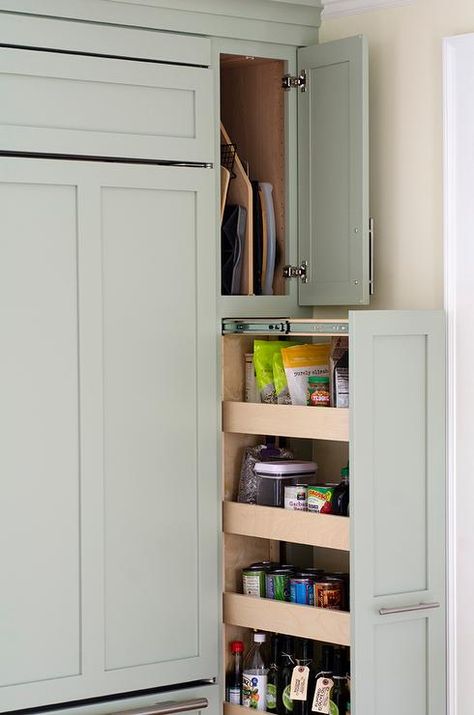 Amazing kitchen features a sage green paneled refrigerator next to a vertical pull out pantry cabinet. Vertical Pantry, Farmhouse Pantry Cabinets, Paneled Refrigerator, Slab Backsplash, Waterfall Counter, Green Cabinet, Green Kitchen Island, Green Kitchens, Green Kitchen Designs