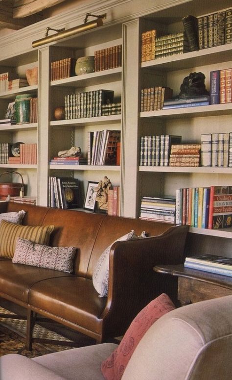 Library with Brown Leather Sofa | Content in a Cottage Library Study, Library Office, Brown Leather Sofa, Comfortable Office, Home Library Design, Office Library, Home Libraries, Built In Bookcase, Reading Nooks