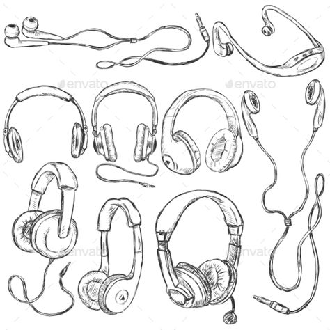 Sketch Of Headphones, Headphones Poses Drawing, Someone With Headphones On Drawing, Headphone Sketch Drawings, Head Phones Reference, Art Reference Accessories, Headphone Poses Reference, Clothing Accessories Drawing, Prom Reference Drawing