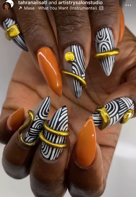 Crazy Gel Nails, Kente Cloth Nail Art, Split Nail Designs, African Nails Design, Kwanzaa Nail Designs, Afrocentric Nails, African Print Nails, African Nail Designs, Kwanzaa Nails