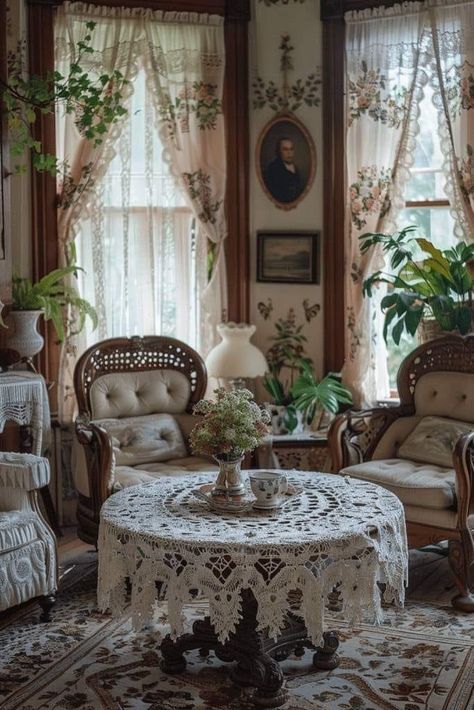 Cottagecore Living Room Ideas, Cottagecore Interior Design, Tablecloth Patterns, Cottagecore Living Room, Shabby Chic Side Table, Cottagecore Living, Distant Memory, Sitting Rooms, Victorian Interiors