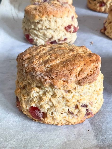 Old-Fashioned Cherry Scones - Traditional Plant-Based Cooking Cherry Almond Scones, Cherry Scones Recipe, Christmas Scones, Fruit Scones Recipe, Old Fashioned Cherries, British Scones, Easy Homemade Biscuits, Cherry Scones, Janes Patisserie