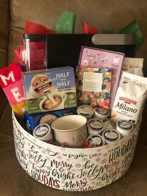 Keurig Gift Basket Ideas, Christmas Coffee Basket Gift Ideas, Coffee Raffle Basket Ideas, Coffee Gift Basket Ideas, Coffee Lovers Basket, Hospice Marketing, Raffle Gift Basket Ideas, Liquor Gift Baskets, Basket Raffle