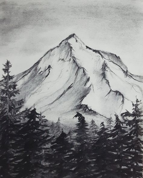 Tall mountain. Inspired by Mount Hood. Original Landscape/mountain/forest/trees Charcoal Drawing. Without frame.  Color may vary a little  from the picture. Size: 9in x 12 in Pencil Nature Sketch, Landscapes To Draw Pictures, Landscape Drawings Mountain, Nature Pictures To Draw, Charcoal Landscape Drawing Easy, Landscape Sketch Pencil Easy, Charcole Drawings Easy, Mountain Drawing Pencil, Charcoal Stick Drawing