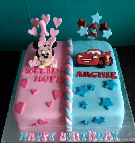 Baby Minnie mouse and Cars half and half girls and boys cake Birthday Cake For Twins Boy And Girl For Kids, Half And Half Birthday Cake Ideas, Birthday Cake For Boy And Girl Together, 2 In 1 Cake For Boy And Girl, Half Boy Half Girl Cake, Half And Half Cake Ideas, Twin Cakes Ideas Boy And Girl, Cake For Twins Boy And Girl, Birthday Cake For Twins Boy And Girl