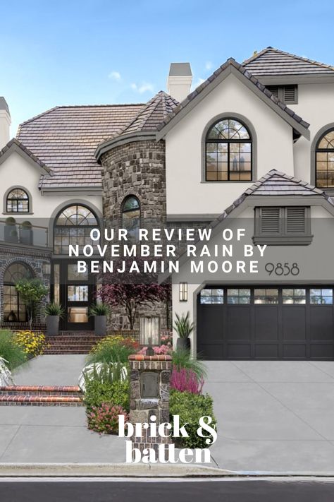 November Rain Exterior Paint, Warm Light Gray Paint Color, Benjamin Moore November Rain, November Rain Benjamin Moore, French Chateau Exterior, Airbnb Investment, Chateau Exterior, Outdoor House Paint, Paint Pallette