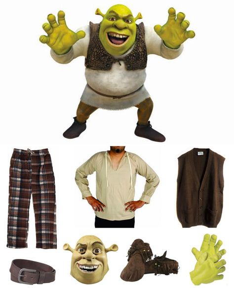 Diy Shrek Costume Women, Shrek Costume Ideas Diy, Shriek Halloween Costume, Thelonious Shrek, Fantasia Shrek E Fiona, Diy Shrek Character Costumes, Diy Fiona Costume Shrek, Diy Shrek Ears, Alphabet Costumes