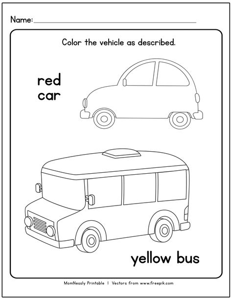 Transportation Themed Coloring Worksheets - https://tribobot.com Bus Worksheet Preschool, Transportation Coloring Pages, Preschool Readiness, Color Activities For Toddlers, Transportation Preschool Activities, Transportation Theme Preschool, Nursery Worksheets, Transportation Worksheet, Transportation Unit