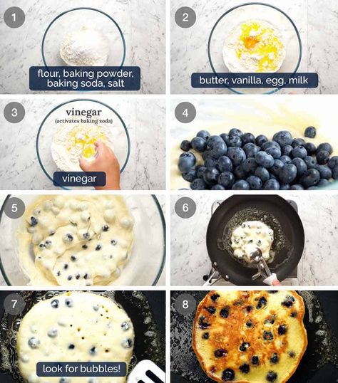 Extra Fluffy Pancakes, Blueberry Pancakes Easy, Fluffy Blueberry Pancakes, Blueberry Pancakes Recipe, Berry Pancakes, Blueberry Pancake, Halloween Breakfast, Baking Soda Vinegar, Pancake Recipe Easy