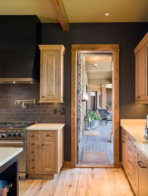 charcoal walls with natural maple cabinets.  Kitchen Knotty Pine Cabinets, Modern Walnut Kitchen, Knotty Pine Kitchen, Pine Kitchen Cabinets, Walnut Kitchen Cabinets, Pine Trim, Charcoal Walls, Maple Kitchen Cabinets, Painting Oak Cabinets