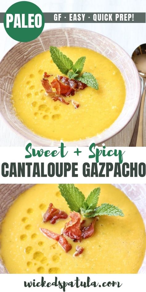 Cantaloupe Gazpacho with Frizzled Prosciutto - Pinterest image Cantaloupe Gazpacho, Cantaloupe Soup, Chilled Soup Recipes, Paleo Soup Recipe, Prosciutto Recipe, Cold Soup Recipes, Cantaloupe Recipes, Cold Soups, Soup Paleo