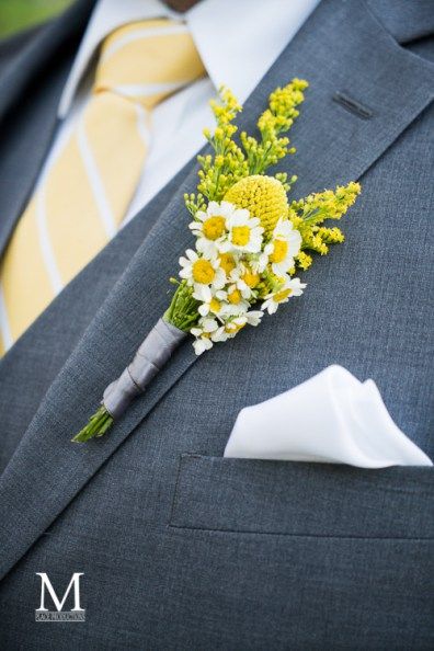 Yellow Buttonholes Wedding, Daisy Boutonniere Grooms, Yellow Boutonniere Wedding, Feverfew Boutonniere, Yellow Boutineer, Yellow Corsage And Boutonniere, Sage Green And Yellow Wedding, Navy Yellow Wedding, Spring Boutonniere