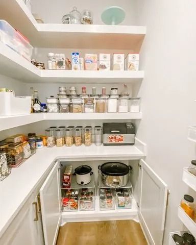 40 Walk-In Pantry Ideas to Instantly Elevate Kitchen Storage Shallow Walk In Pantry, Walk In Pantry With Coffee Station, Walk In Pantry With Microwave, Pantry With Coffee Bar, Pantry Color Ideas Paint, Walk In Pantry With Fridge, Diy Walk In Pantry, Walk In Kitchen Pantry, Walk In Pantry With Appliance Counter