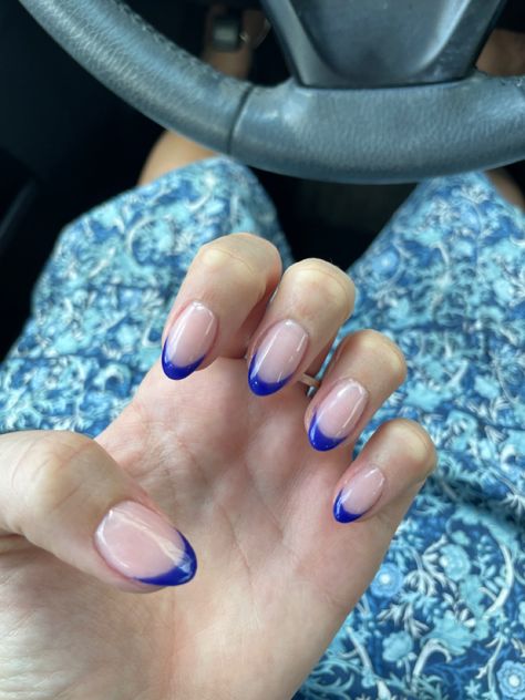 Blue French Glitter Nails, Blue Sparkle French Tip Nails, Royal Blue French Nails, Royal Blue Hoco Nails, Royal Blue French Tips, Royal Blue French Tip Nails, Debs Nails, Royal Blue Prom Nails, Sparkly Silver Nails