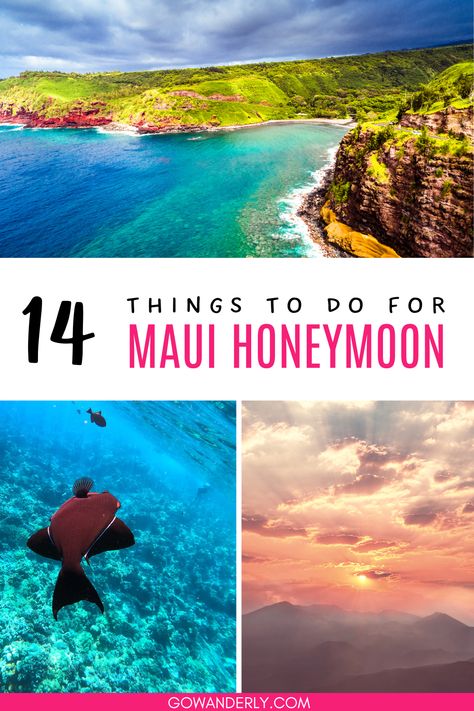 Find 14 must-do activities in Maui for your honeymoon itinerary, perfect for planning your romantic getaway. Hawaii Honeymoon Packing List, Kauai Hawaii Honeymoon, Hawaii Honeymoon Resorts, Maui Hawaii Honeymoon, Honeymoon Itinerary, Hawaii Trip Planning, Maui Honeymoon, Honeymoon Packing List, Things To Do In Maui