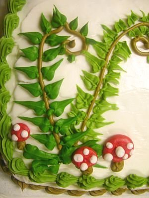 mushroom and fern cake by loveandkitsch Fern Cake, Candy Land Cake, Candy Land Game, Fairy Garden Cake, Iced Gingerbread, Mushroom Cake, Sheet Cake Designs, Buttercream Decorating, Birthday Sheet Cakes