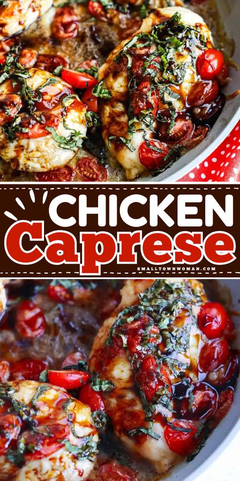 Learn how to make Caprese Chicken! All cooked in one skillet with mozzarella, tomatoes, basil, and a homemade balsamic glaze, this chicken dinner recipe is healthy and flavorful. Plus, this simple family meal is elegant enough for company! Caprese Meatballs, Chicken Dishes For Company, Sunday Dinner Appetizers, Capri Chicken Recipe, Chicken Balsamic Recipes, Meals For Company, Chicken Caprese Pasta, Chicken Caprese, Glazed Chicken Recipes