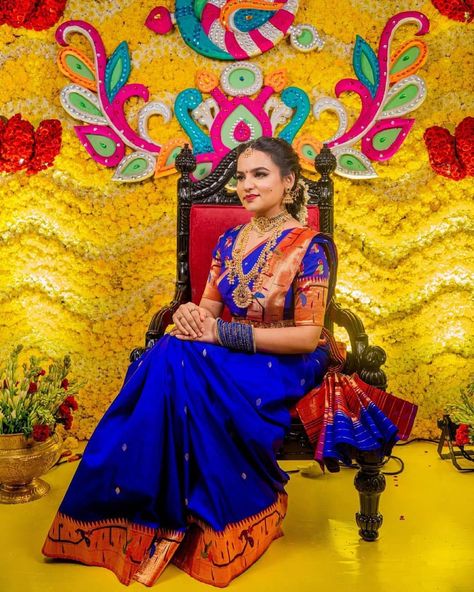 Peacock Blue Saree Silk Blouses, Pellikuthuru Function Outfits, Royal Blue Half Saree, Blue Paithani Saree Look, Pythani Sarees Blouse Designs, Pellikuthuru Function, Pellikuthuru Decoration, Blue Paithani Saree, Saree Colours