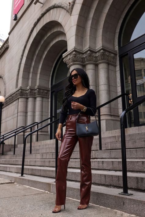 Burgundy Leather Pants Outfit, Burgundy Leather Pants, Chanel Combat Boots, Mia Mia Mine, Patent Leather Leggings, Mia Mia, Blue Jean Outfits, Leather Pants Outfit, White Jeans Outfit