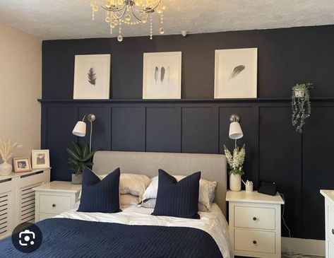 Navy Half Wall Panelling, Bedroom Navy Panelling, Navy Bedroom Panelling Wall, Bedroom Blue Panelling, Bedroom Panelling Ideas Accent Wall, Navy Bedroom Feature Wall, Navy Wood Panelling Bedroom, Modern But Homey Bedroom, Navy Blue Wall Paneling