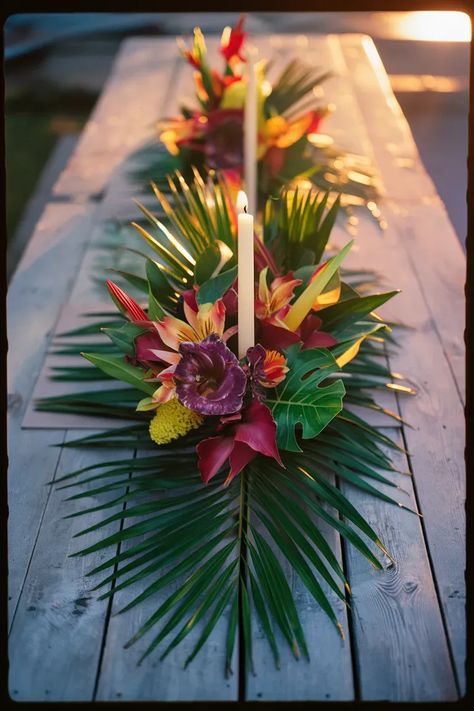 Tropical Tablescapes For A Dream Summer Garden Party | Daisily Hawaiian Theme Table Setting, Hawaiian Garden Party, Tropical Table Runner, Caribbean Nights Party, Carribean Decorations Party, Caribbean Table Decor, Tropical Party Ideas Decor, Hawaiian Wreath Diy, Tropical Theme Wedding Reception