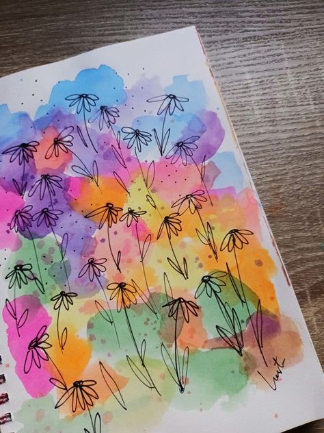 Happy Watercolor Paintings, Bright Watercolor Flowers, Watercolor Doodle Ideas, Kid Watercolor Ideas, Watercolor Blob Art, Summer Watercolor Ideas, Easy Watercolor Doodles, Watercolor Doodles Easy, Watercolor Sketchbook Ideas