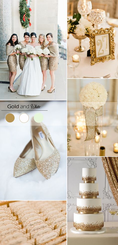 gold ivory and white wedding color inspiration for winter weddings 2015 Ivory And Gold Wedding, Gold And White Wedding, Winter Wedding Color Palette, Wedding Color Scheme, Wedding Color Palettes, Gold Wedding Colors, White Bridesmaid, Winter Wedding Colors, White Bridesmaid Dresses