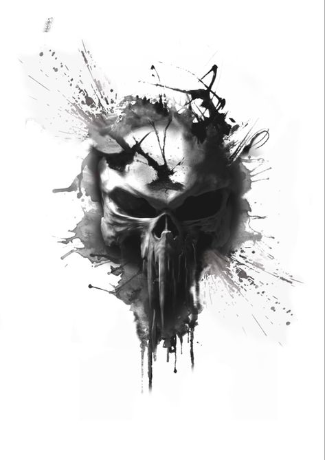 The punisher realistic skull tattoo design with ink splatter effects and watercolours done using Procreate Realistic Skull Tattoo Design, Quote Tattoo Designs, Punisher Skull Tattoo, Realistic Skull Tattoo, Punisher Symbol, Punisher Tattoo, Skull Military, Punisher Skull Logo, Punisher Artwork