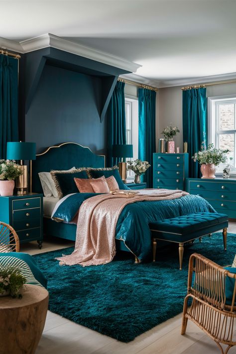 Luxurious bedroom with teal and gold accents, featuring a plush bed, velvet curtains, and decorative plants. Teal And Leopard Bedroom, Black Teal Bedroom, Dark Teal And Gold Bedroom, Dark Aqua Aesthetic, Calming Colors For Bedroom, Teal And Gold Bedroom Ideas, Black And Teal Bedroom, Pink Teal Bedroom, Teal And Gold Bedroom