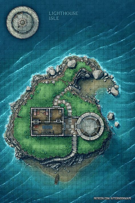 Lighthouse Isle Battle Map - Launch | Afternoon Maps no Patreon Lighthouse Battlemap, Saltmarsh Maps, Haunted Lighthouse, Dnd Locations, Pathfinder Maps, Cartographers Guild, Map Ideas, Writing Images, Ship Map