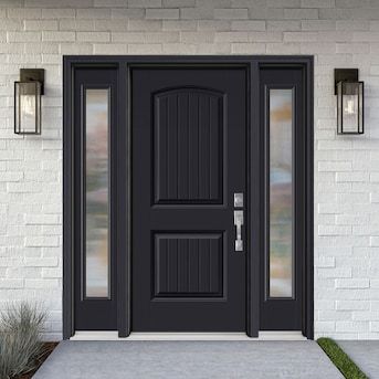 Masonite Performance Door System Cheyenne 64-in x 80-in Fiberglass Left-Hand Inswing Peppercorn Painted Prehung Front Door with Sidelights with Brickmould Insulating Core in the Front Doors department at Lowes.com Black Front Door With Sidelights, Front Door With Sidelights, Door With Sidelights, Black Front Door, Black Front Doors, Do It Better, Exterior Remodel, Front Doors, Left Handed