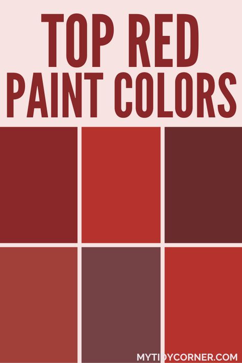 Collage of popular red paint colors. Sun Dried Tomato Paint Color, Earthy Red Paint Colors, Sherwin Williams Red Bay, Rusty Red Color Palette, Red Paint Colors For Bedroom, Maroon Paint Colors, Red Accent Wall Bedroom, Painted Hutch Ideas, Vermillion Color