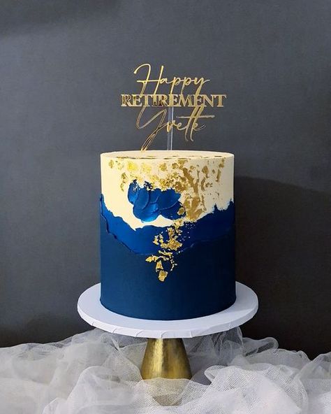 Happy Retirement Cake For Men, Happy Retirement Cake, Retirement Cakes For Men, Blue And Gold Cake, Retirement Cake Ideas For Men, Butter Icing Cake Designs, Retirement Cake, Blue Drip Cake, Smurfs Cake